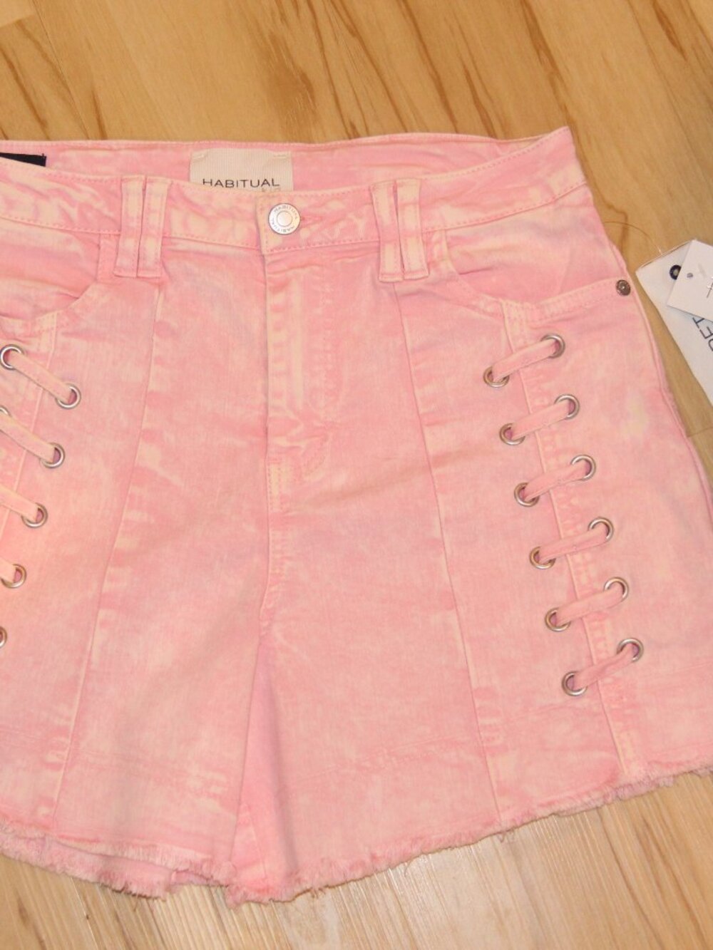NEW!!!! $48 Habitual Kids Girls' Lace Up Detail Denim Shorts (Pink) - SZ 16